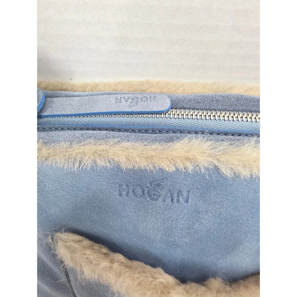 Hogan Blue Suede Shearling Trim Wristlet Clutch Bag Made in Italy